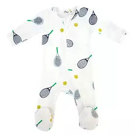 oh baby! Cotton Baby Rib Zipper Footie - Tennis Print - Cream