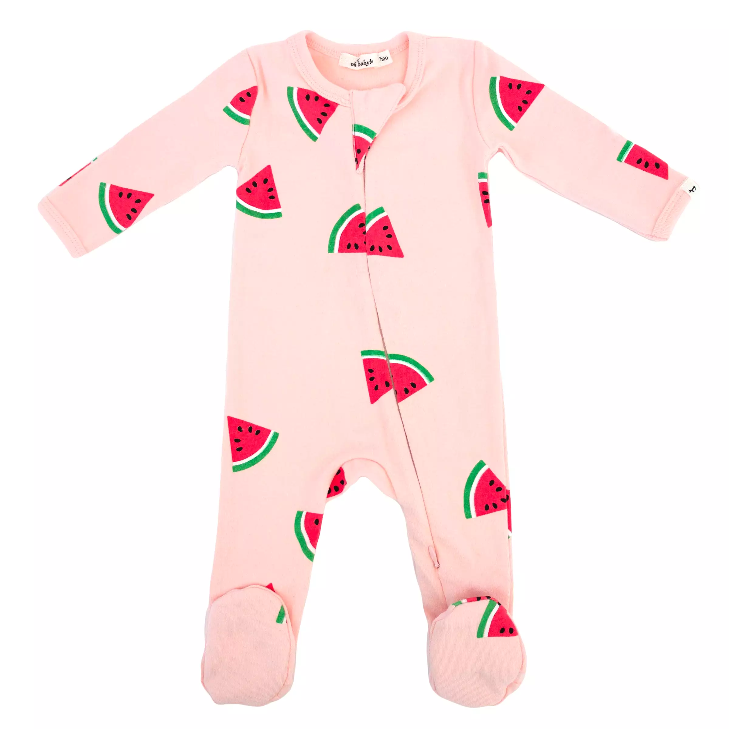 oh baby! Cotton Baby Rib Zipper Footie - Watermelon Print - Pink