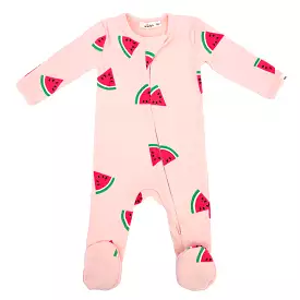 oh baby! Cotton Baby Rib Zipper Footie - Watermelon Print - Pink