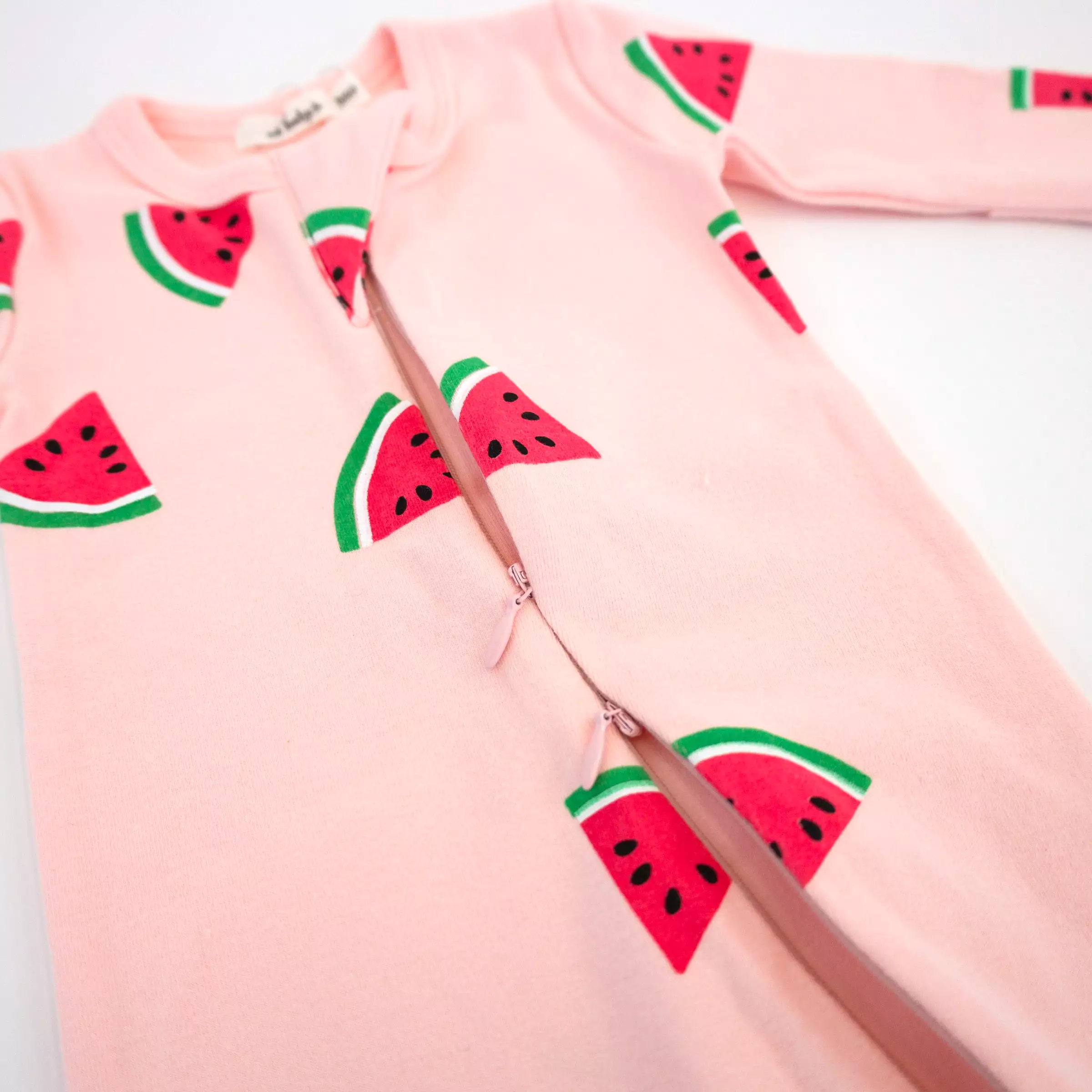 oh baby! Cotton Baby Rib Zipper Footie - Watermelon Print - Pink