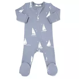 oh baby! Cotton Baby Rib Zipper Footie - White Sailboats Print - Fog