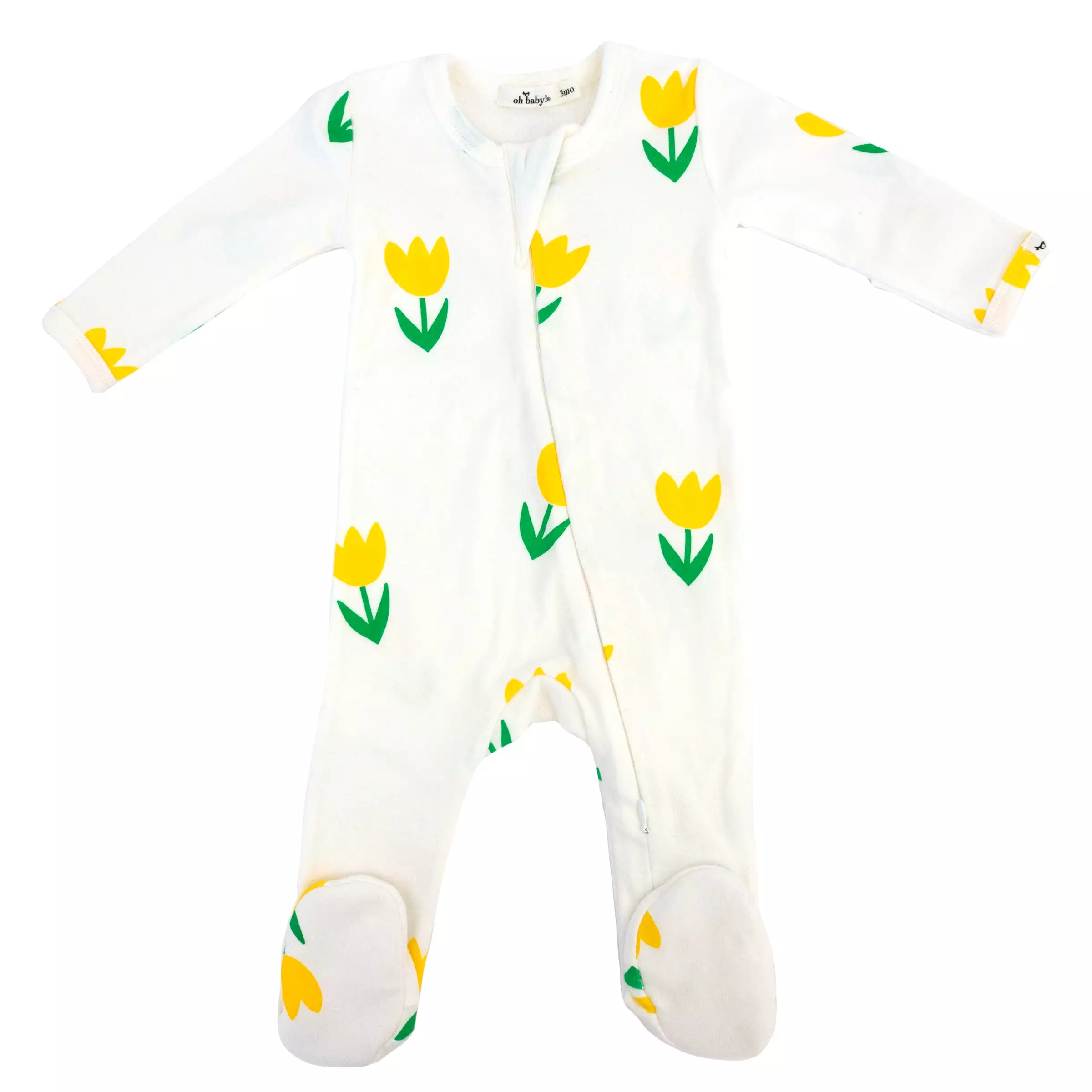 oh baby! Cotton Baby Rib Zipper Footie - Yellow Tulips Print - Cream