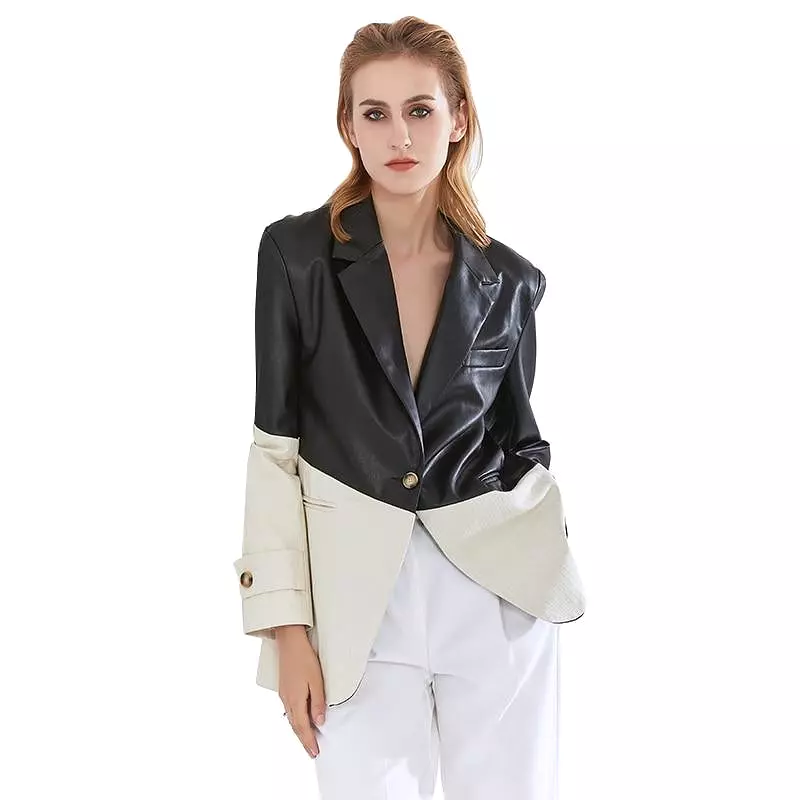 Patchwork PU Leather Blazer Women - Casual - Patchwork