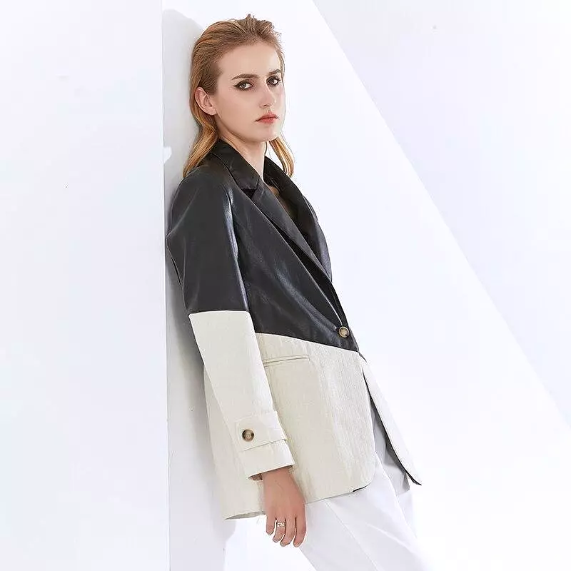 Patchwork PU Leather Blazer Women - Casual - Patchwork