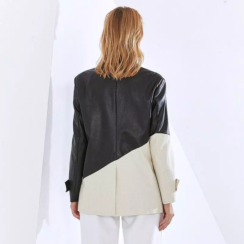 Patchwork PU Leather Blazer Women - Casual - Patchwork