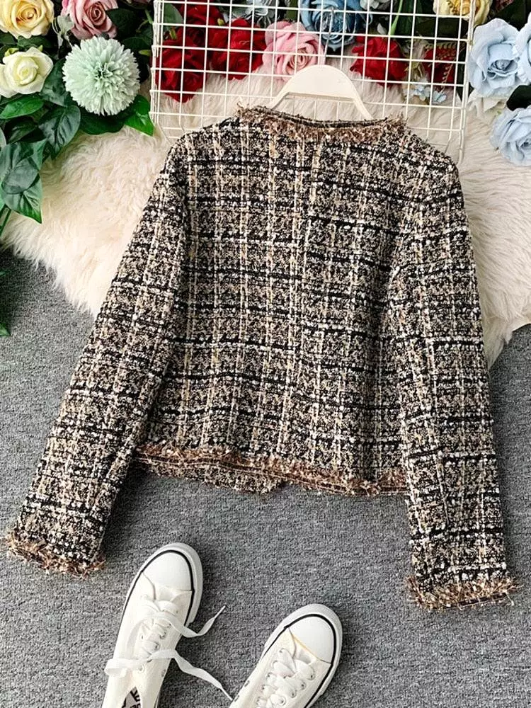 Patchwork Vintage Cropped Tweed Jacket Women