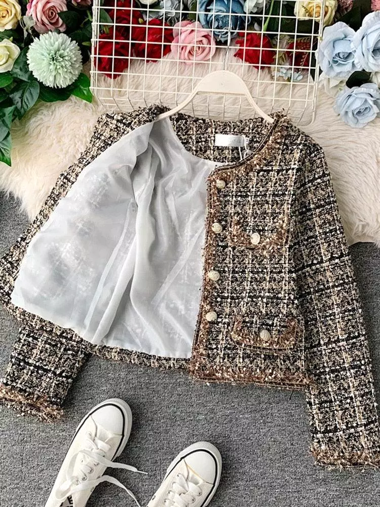 Patchwork Vintage Cropped Tweed Jacket Women