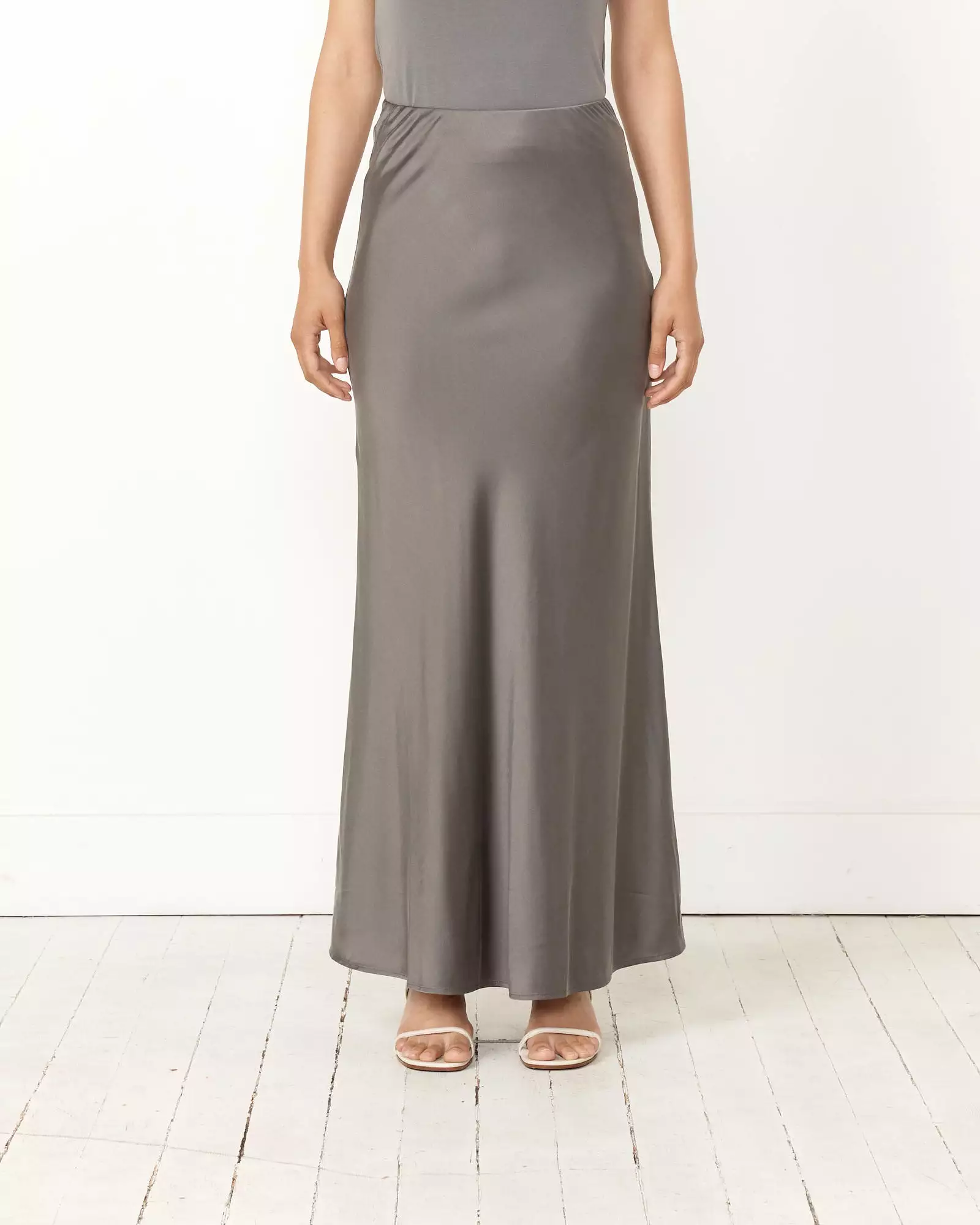 Soft Silk Maxi Skirt in Pewter Grey