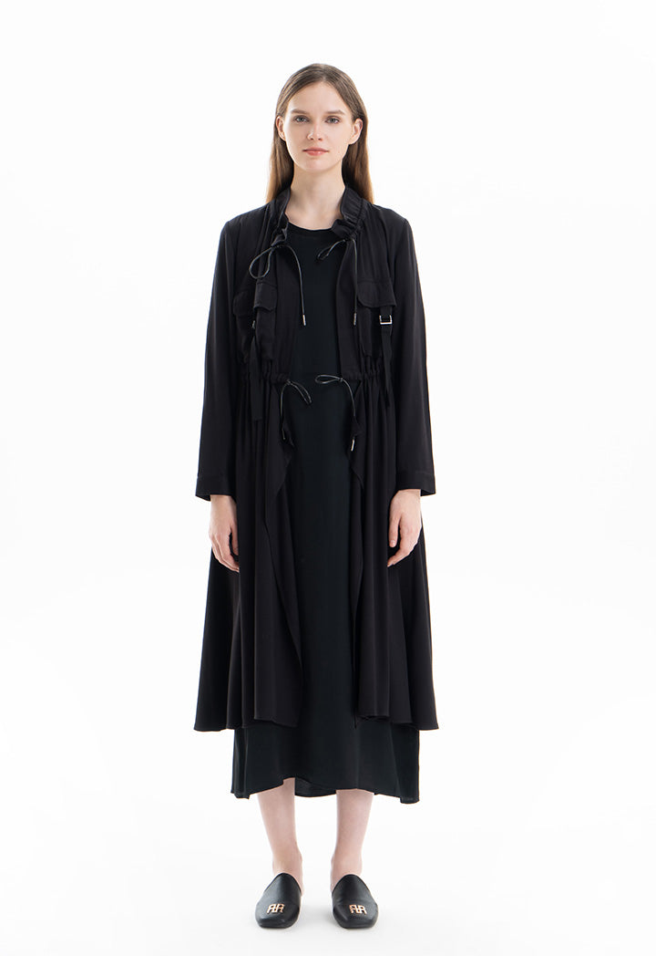 Solid Elasticated Drawstring Long Jacket