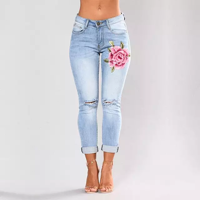 Stretch Embroidered Jeans For Women Elastic Flower Jeans Female Slim Denim Pant