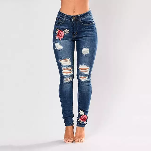 Stretch Embroidered Jeans For Women Elastic Flower Jeans Female Slim Denim Pant