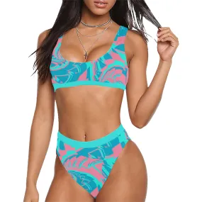 Turquoise and Pink Tropical Sherbet Fractal Sport Top & High-Waisted Bikini Swimsuit / Rave Set | UV Blacklight Reactive