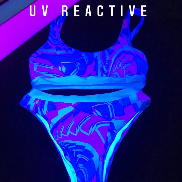 Turquoise and Pink Tropical Sherbet Fractal Sport Top & High-Waisted Bikini Swimsuit / Rave Set | UV Blacklight Reactive