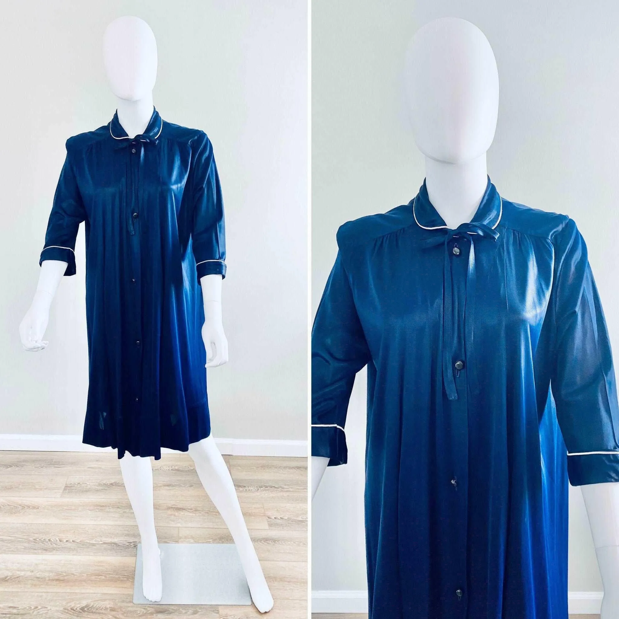 Vintage 1940s Navy Blue Rayon Jersey Robe / 40s lingerie One Size