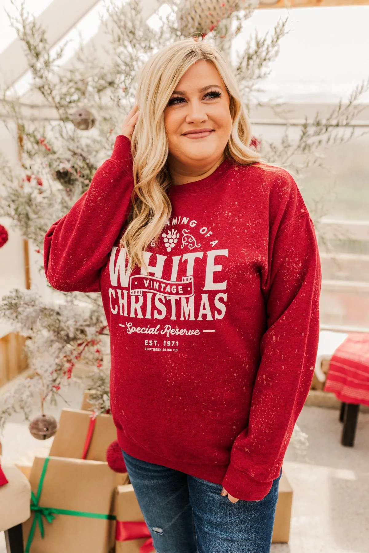 Vintage White Christmas Crewneck Pullover- Deep Red