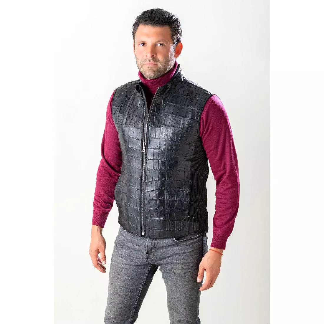 VL003G - Cuadra black casual fashion full exotic alligator leather vest for men