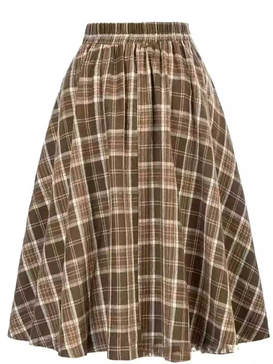 Women's Plaid Print Midi Skirt in Red, Blue, Green, and Khaki - Sizes S, M, L