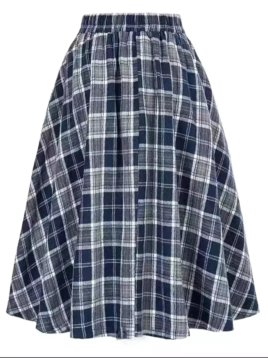 Women's Plaid Print Midi Skirt in Red, Blue, Green, and Khaki - Sizes S, M, L