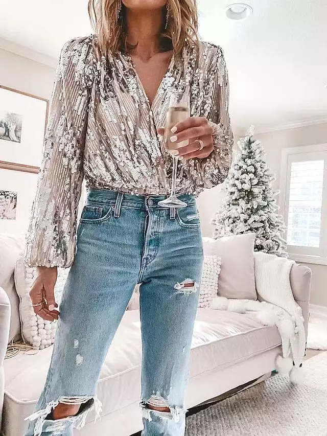 Women's Sparkly Sequin Shirt Blouse with Lantern Sleeves