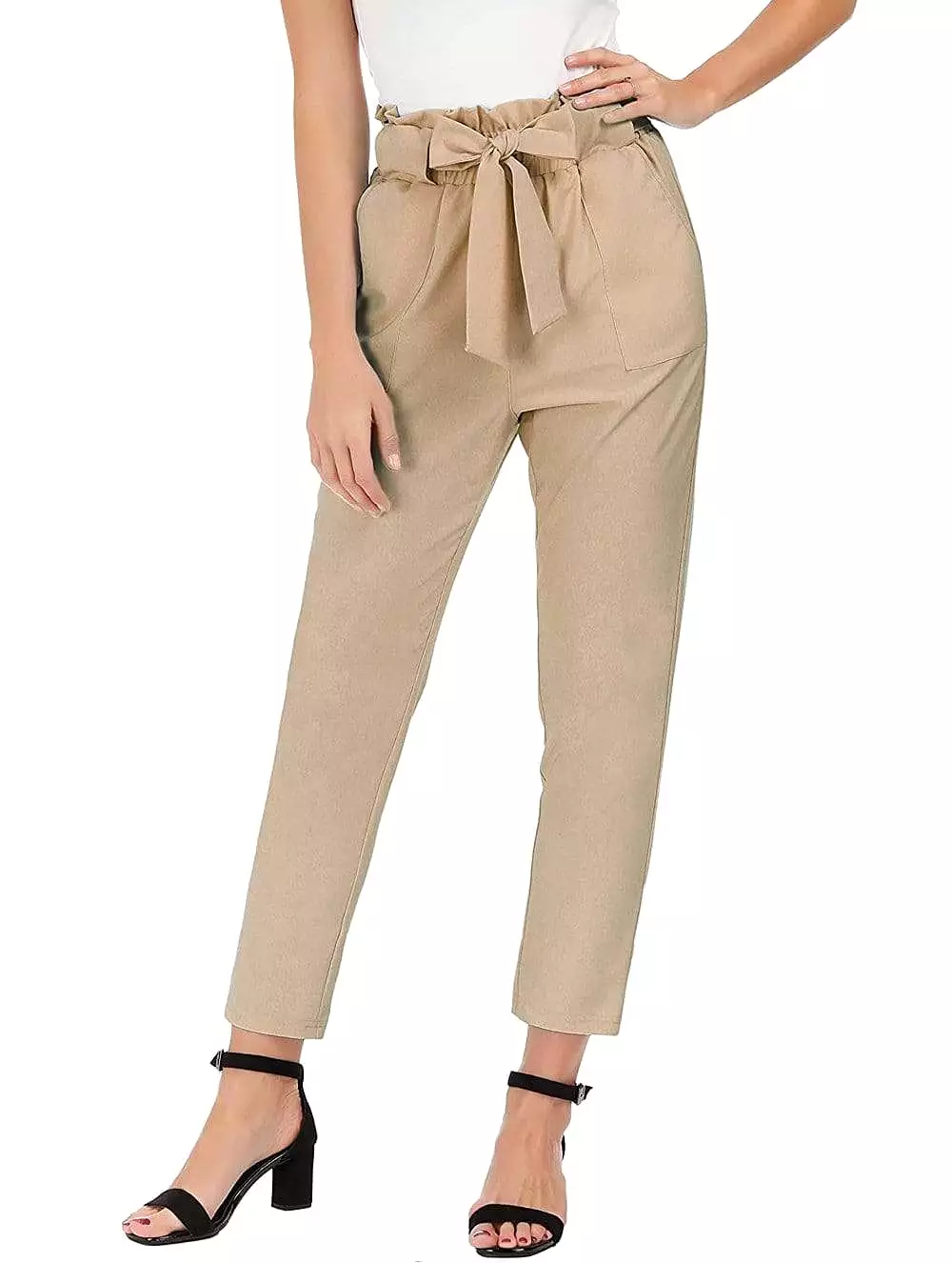 Women's Tie Belt High Paper Bag Waist Slim Pull On Pant