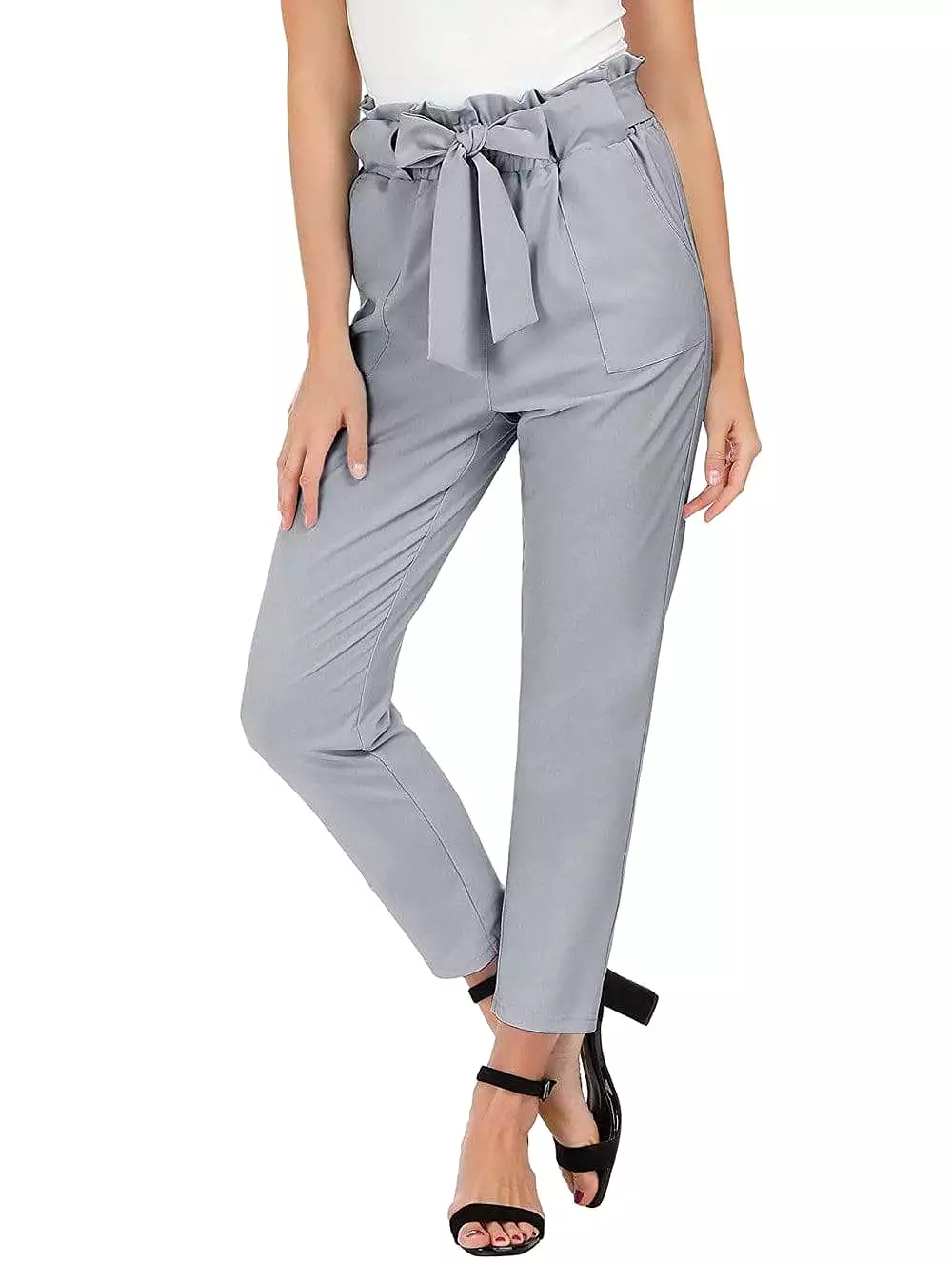 Women's Tie Belt High Paper Bag Waist Slim Pull On Pant