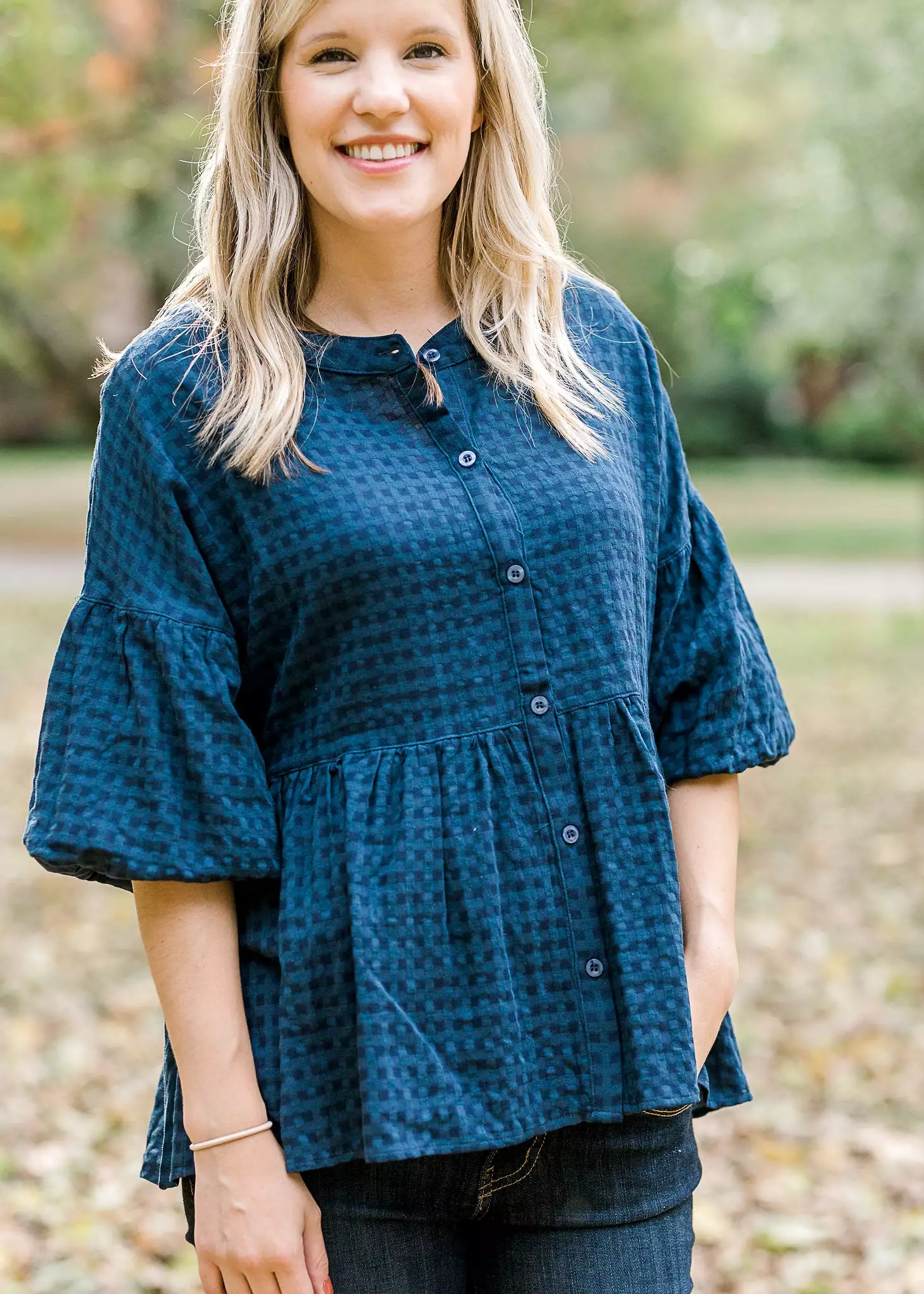 X Blue Tone on Tone Plaid Top